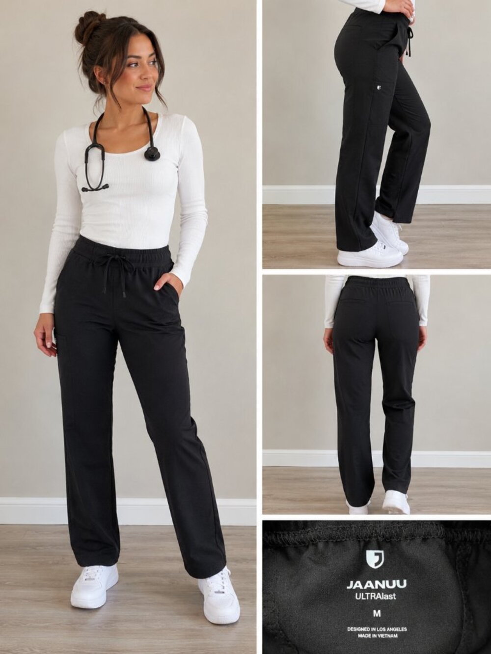 JAANUU ULTRAlast Black Straight Leg Scrub Pants Size Medium Drawstring